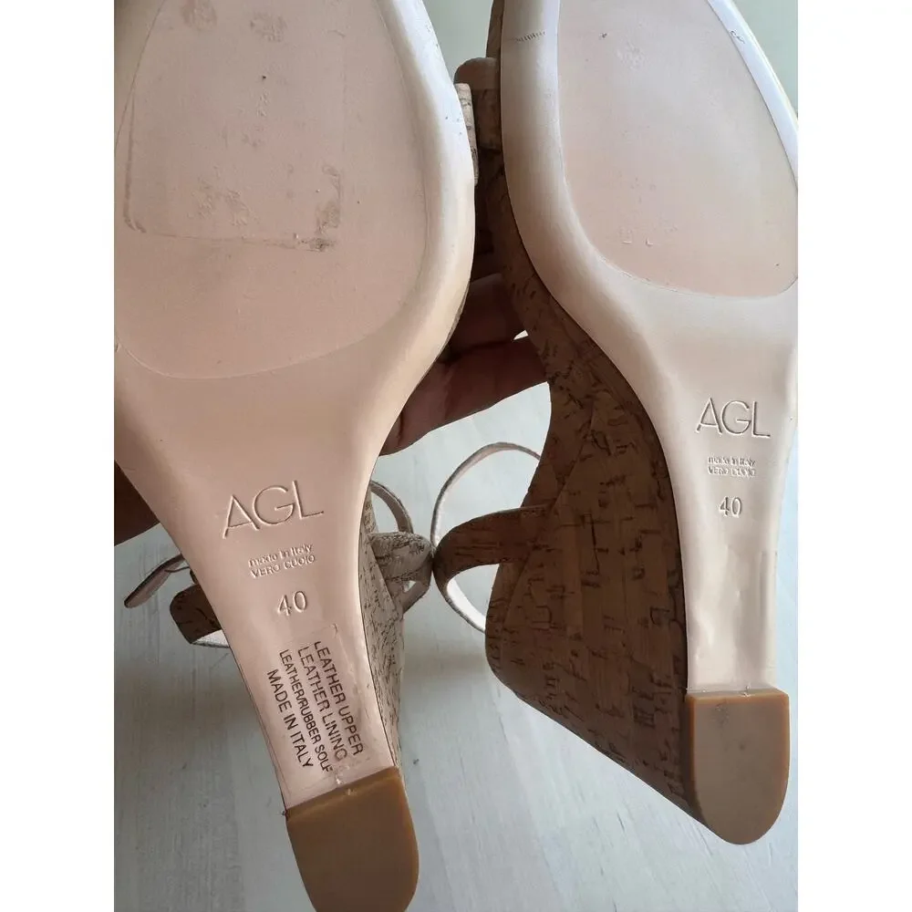 AGL Demi Tan Leather Cork Wedge Platform Ankle Strap Sandals EU 40 US 10